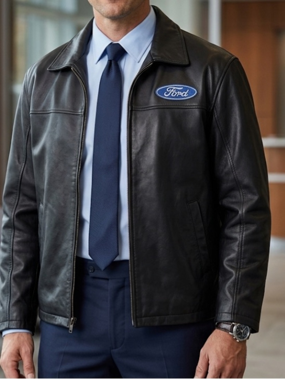 Ford Leather Jacket Mens Large Burks Bay Lined Zip‎ Pockets Licensed Official